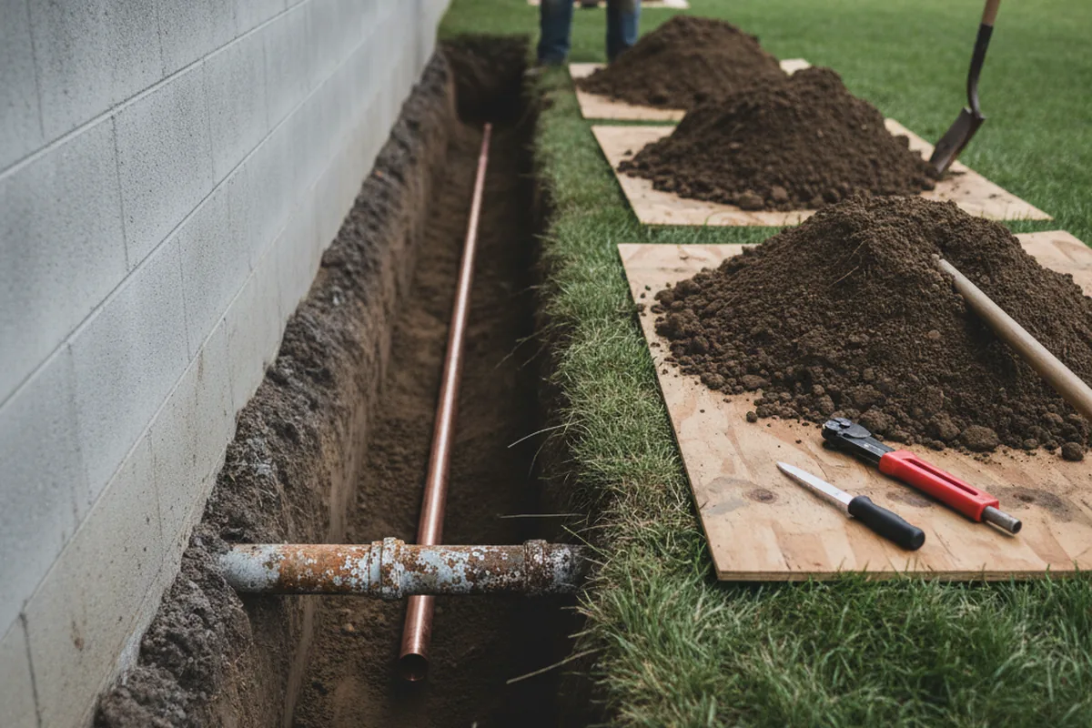 Excavated water line trench during Water Heater Repair in Templeton